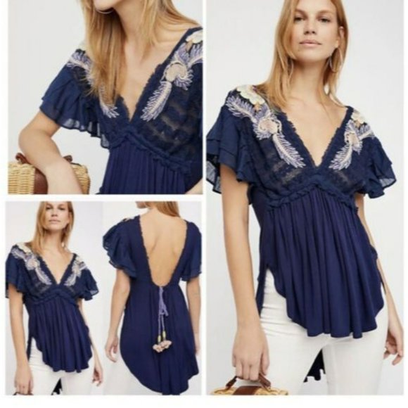 Free People Fiesta Nueva Pom Pom Embroidered Backless High-Low Tunic XS - Picture 1 of 16